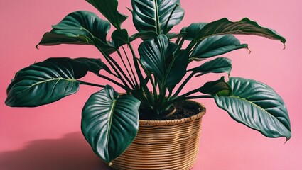 Close Up Photo Of The Pot Plant In A Basket, With Deeply Ribbed, Dark Leaves, Isolated On A Pink Background, With Empty Copy Space For Text