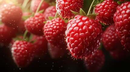 A close-up view of ripe raspberries hanging in clusters, showcasing their vibrant red color and delicate texture, representing the natural bounty and indulgence of fresh fruit.