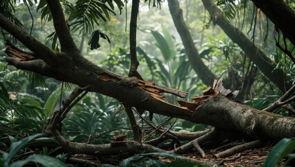 A broken tree branch in the jungle with lush green vegetation around.