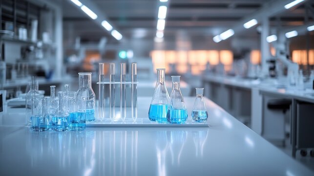 Laboratory glassware filled with blue liquid on a lab bench.