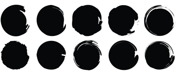 Set of black grunge circles shapes on a white background. Paint brush stamp collection. Vector brush circle. Grunge round shape.