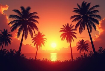 silhouette palm trees vibrant golden sunset background tropical paradise relaxation sky, nature, landscape, evening, light, cloud, beauty, reflection
