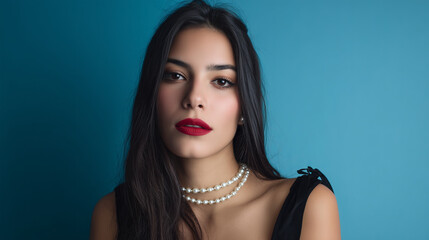 Elegant young woman with long dark hair and striking red lips poses against a blue background, showcasing a sophisticated look with pearl jewelry and a sleek black outfit