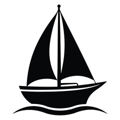 Silhouette of Sailboat with Waves Nautical Illustration, Boating and Maritime Design