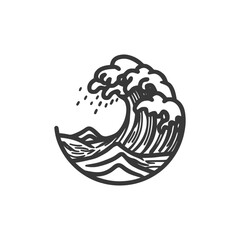 Stylized Wave Cresting with Water Droplets in Circular Design