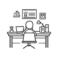 Minimalist Line Art: Woman Working at Desk with Laptop and Office Decor