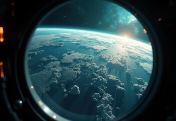 Fototapeta premium stunning earth view spacecraft window outer space planet beautiful atmosphere orbital perspective blue green, cosmos, light, globe, shadows, landmass, continent
