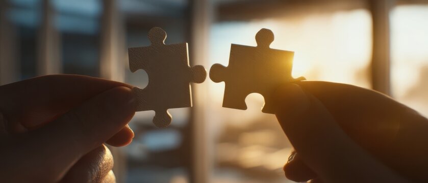 The Hands Connecting Two Puzzle Pieces in a Beautiful Sunset Light