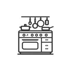 Fototapeta premium Kitchen Stove Icon with Hanging Utensils, Minimalist Line Art