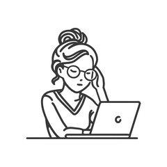 Line Art: Woman with Glasses Working on Laptop, Hand on Head