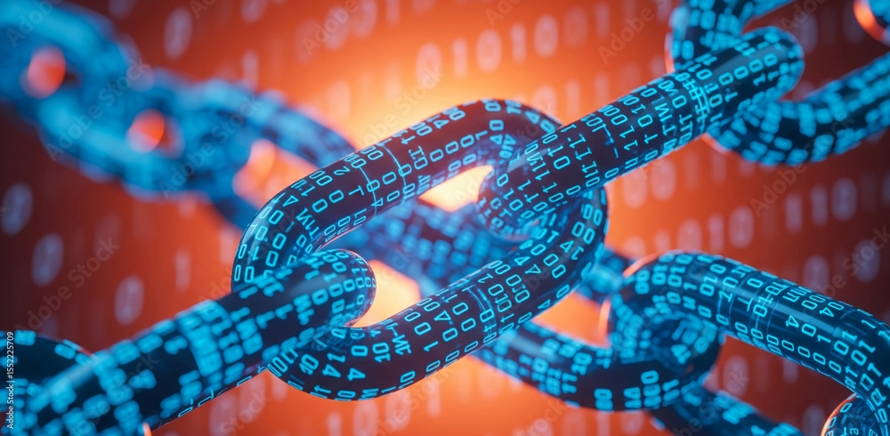 Poster close-up of a digital chain link, composed of binary code, suggesting data security or blockchain te