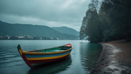 Fototapeta na wymiar Colorful Boat At The Side Of A Lake with Empty Copy Space For Text