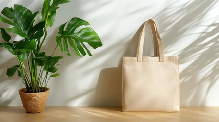 A stylish beige tote bag sits elegantly next to a lush green plant, captured in a minimalistic setting that blends modern design with the beauty of nature and simplicity.