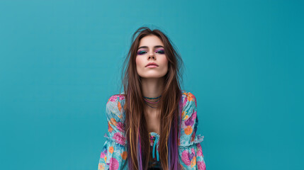 Young woman with long flowing hair and colorful attire poses confidently against a vibrant blue background, showcasing a trendy and fashionable style in an urban setting