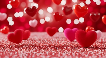 Red and Pink Velvet Hearts Falling on Red Glitter Valentines Day Background red hearts pink hearts