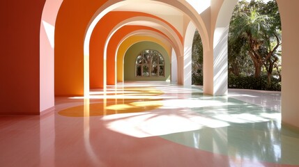 Fototapeta premium This striking image captures colorful arches in a modern architectural space, showcasing innovative design and artistry that blend seamlessly with natural light and shadows.