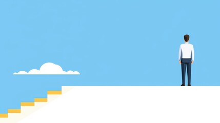 Person Standing on Edge of Platform Looking at Blue Sky and Steps Leading Upward Towards Clouds Ahead