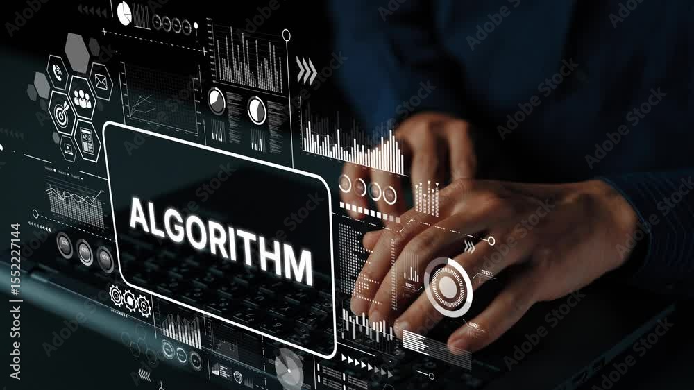 Fototapete Hands Typing on Laptop with Algorithm Graphics and Data Visualization Elements on Screen. Asymptotic smart data analytic.