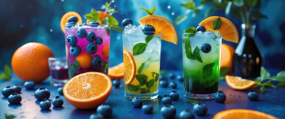 Alcoholic Cocktails of Blueberries, Orange, and Mojito with fresh fruits and vibrant colors. Refreshing mixed drinks with fruit flavors and garnishes.