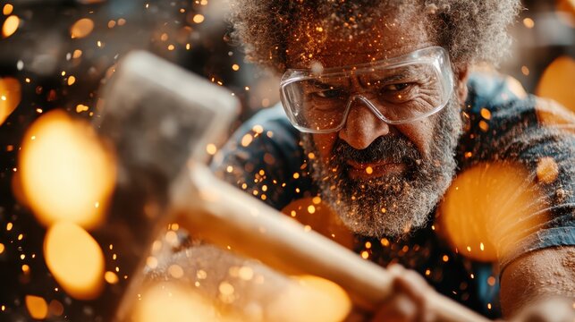 An intense craftsman, wearing protective gear, concentrates deeply as he strikes metal, sending sparks flying and showcasing dedication and artistry in craftsmanship.