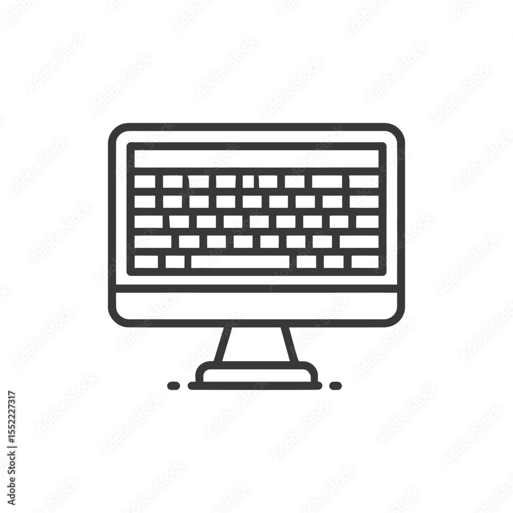 Poster minimalist computer monitor icon with keyboard display, outline style