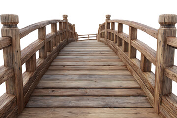 Curved wooden garden bridge with railings isolated on transparent background