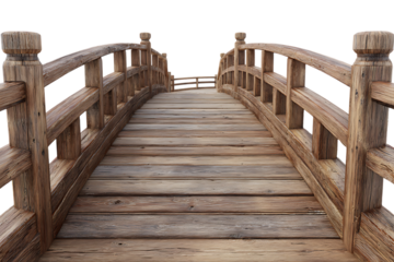 Curved wooden garden bridge with railings isolated on transparent background