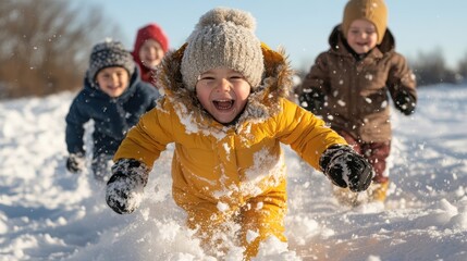 Joyful children in colorful winter attire play enthusiastically in a snowy landscape, capturing pure happiness and the joy of childhood in a winter wonderland setting.