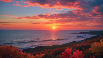Fall Coastal Sunset Over Ocean with Empty Copy Space for Text