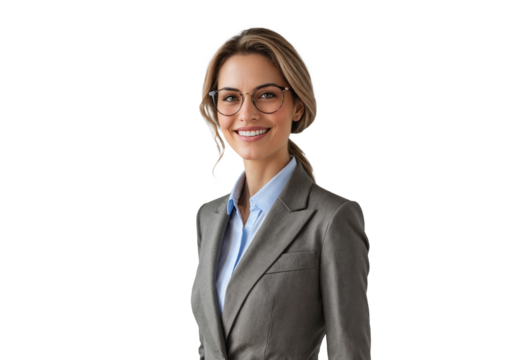 Confident businesswoman wearing suit and glasses isolated on transparent background - Powered by Adobe