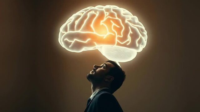 Man in suit looking at glowing brain hologram. AI, human intelligence fusion concept. Artificial intelligence digital art, futuristic technology. 4k video