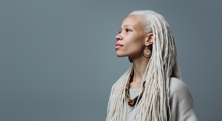 Albinism beauty in profile with white dreadlocks and tribal jewelry against a neutral background