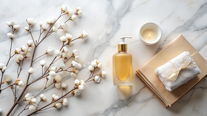 Winter Self Care Flatlay: Beige Book, Amber Bottle, White Candle on Marble