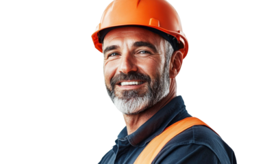 Smiling construction worker with safety helmet and orange vest posing confidently against white background, showcasing professionalism and commitment to safety