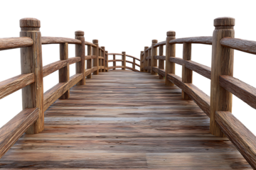 Rustic wooden garden bridge with railings isolated on transparent background