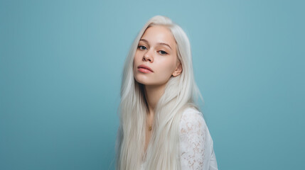 Young woman with long platinum blonde hair against a soft blue backdrop, showcasing a calm expression and elegant features, embodying a serene and modern aesthetic