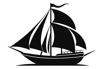 Silhouette Illustration of a Sailing Ship with Flag, Bowsprit, and Multiple Sails