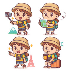 Cute explorer girl cartoon vector icon illustration travel adventure icon isolated flat vector