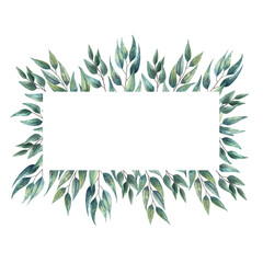 Obraz premium Horizontal frame with eucalyptus branches with green leaves. Watercolor illustration. Botanical isolated element on white background. Template for invitations, postcards, posters, advertisement.
