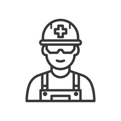 Construction Worker Icon with Hard Hat and Overalls, Line Art Style