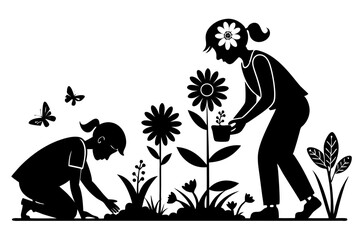 Fototapeta premium Two children planting flowers and tending to a garden with butterflies flying