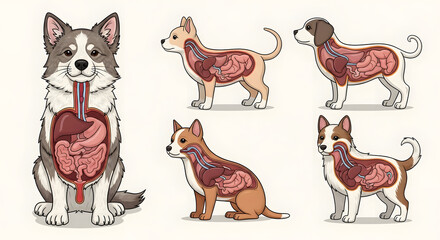 Fototapeta premium Infographic-style layout showing internal organs of common pets, colorful and clear
