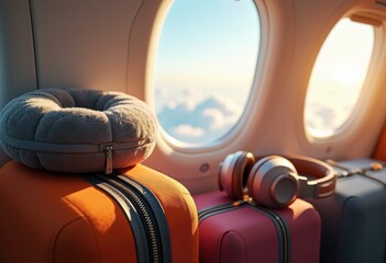 travel accessories collection airplane window background featuring neck headphones cozy journey, luggage, gadgets, your, suitcase, backpack, handbag