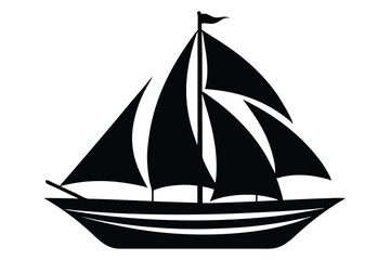 Black Silhouette Illustration of a Classic Sailboat on Water, with Tall Mast