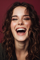 Joyful young woman with curly hair smiles widely against a deep red backdrop, radiating warmth and happiness, showcasing bright eyes and a carefree spirit