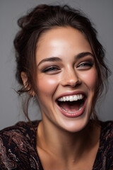 Joyful young woman with warm smile showcasing natural beauty and engaging expression indoors, wearing a stylish patterned top, perfect for portrait photography sessions with a vibrant vibe