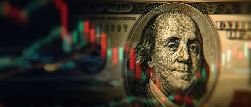 The dollar bill with fluctuating stock market trends in the background.