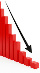 Fototapeta premium Red bar graph declining sharply, black arrow pointing down, illustrating economic downturn or market crash concept