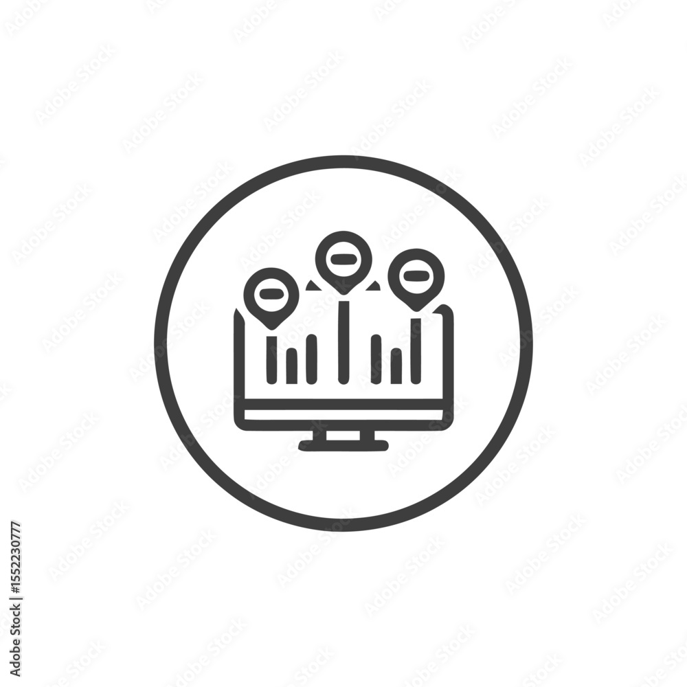 Poster minimalist icon of computer screen displaying bar graph with location markers