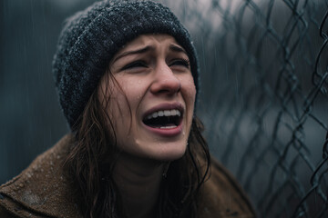 Woman in a rainstorm expresses deep emotion while sitting against a chain-link fence in a somber urban setting at dusk